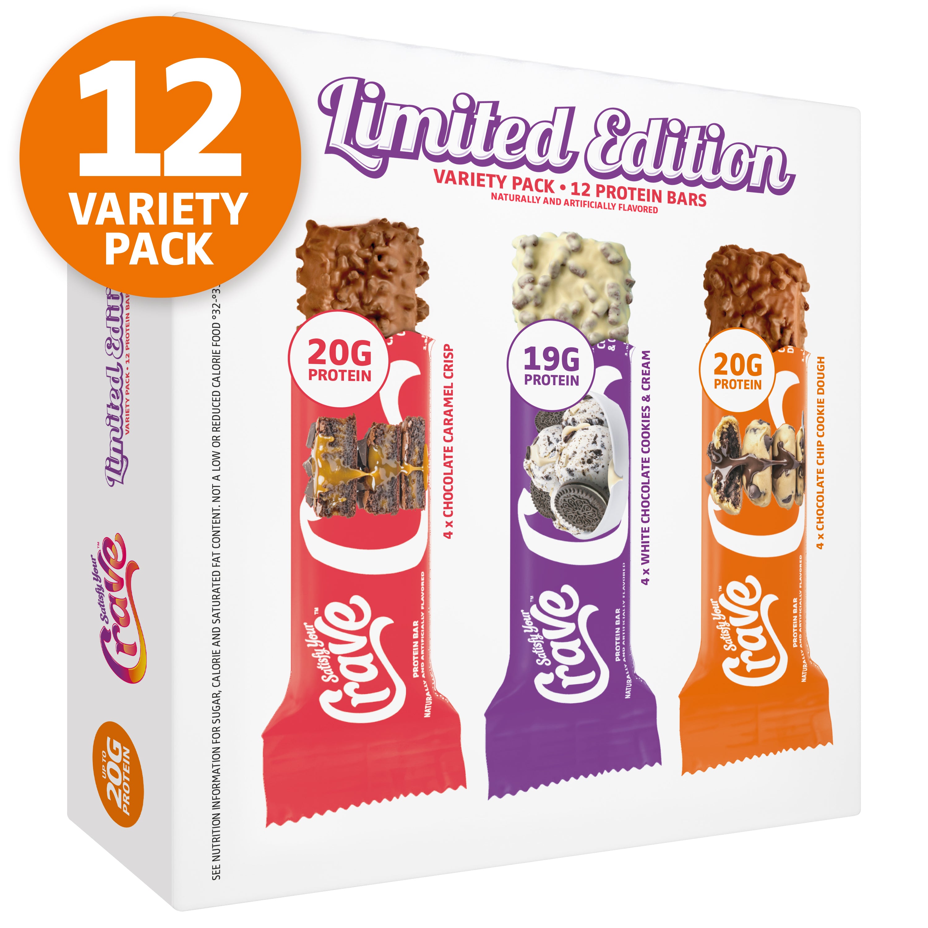 Crave Protein Bars – Variety Pack – Cookie Dough, Caramel Crisp, Cookies & Cream – 19-20g High Protein, No Added Sugar – Soft Protein Snacks for Breakfast & Office – Meal Replacement Bar, 12 Pack