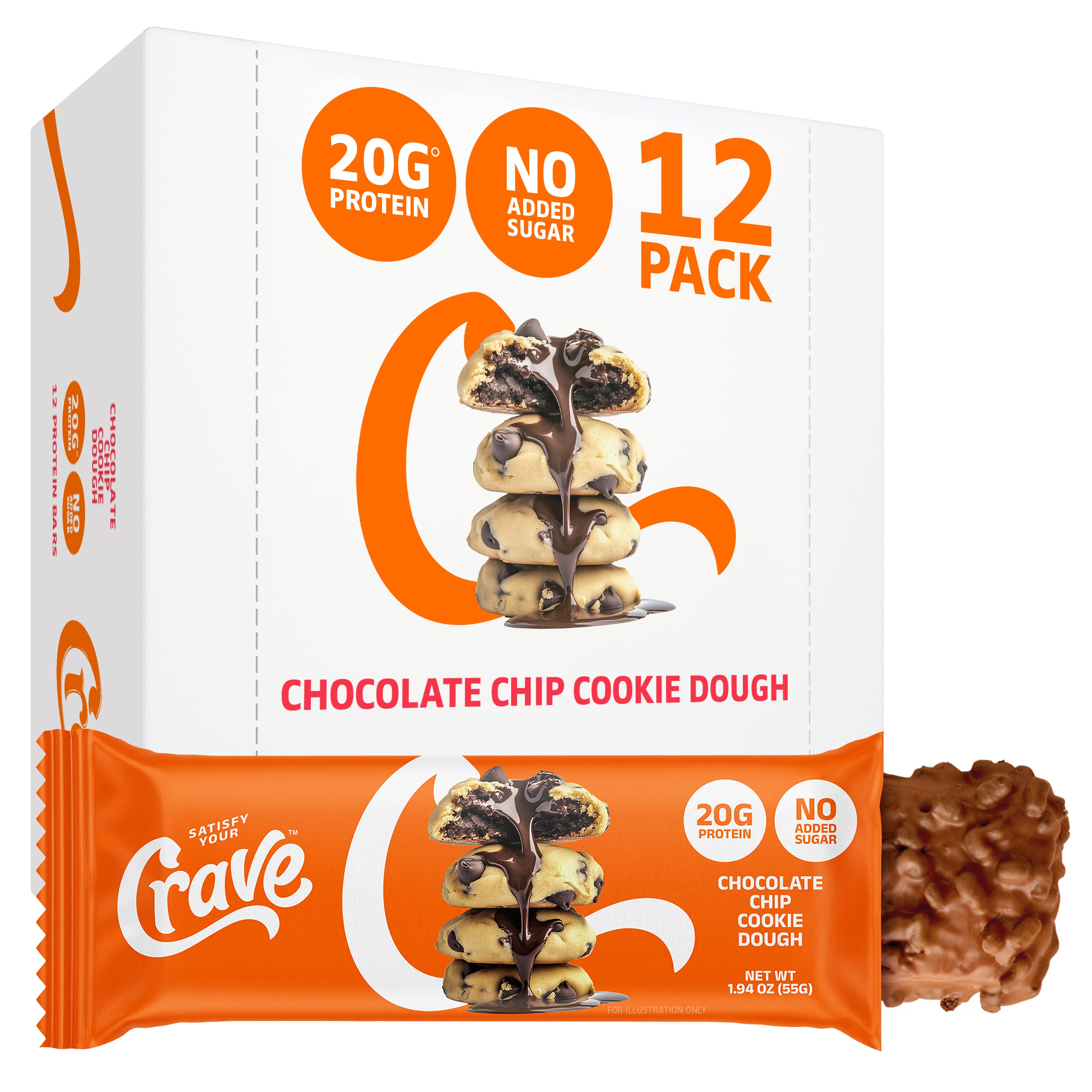 Crave Protein Bars – Chocolate Chip Cookie Dough – 20g High Protein, No Added Sugar – Protein Snacks for Breakfast & Office – Soft Meal Replacement Bar – Non-GMO, 12 Pack