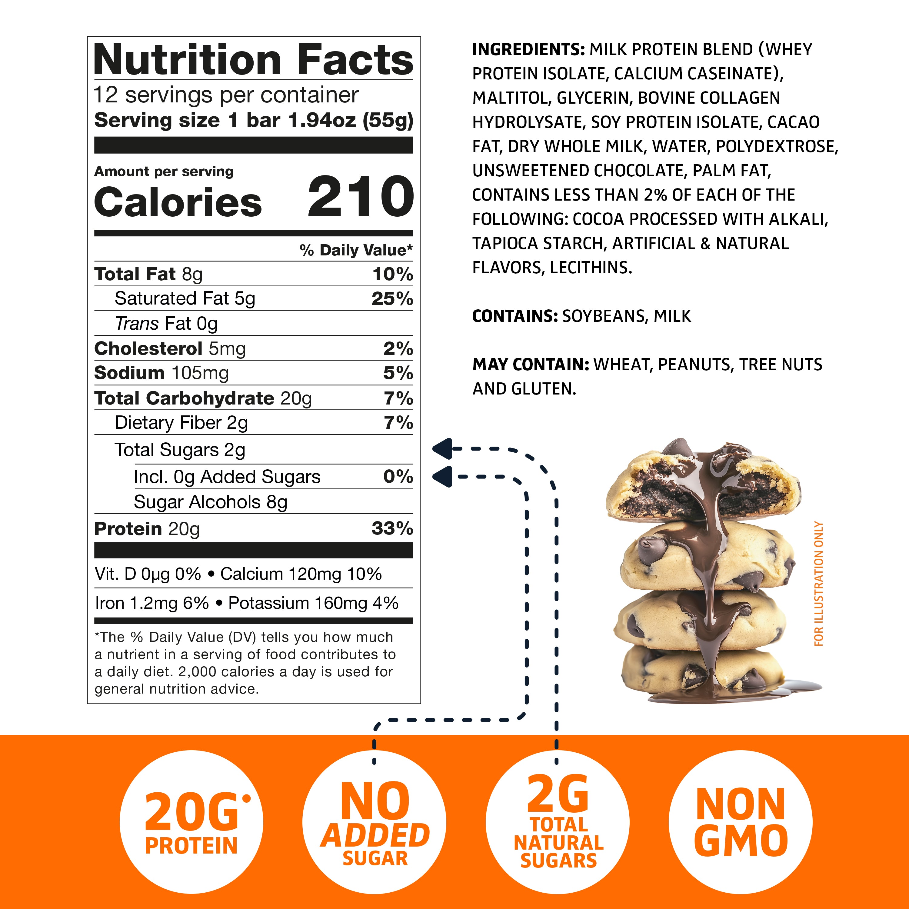 Crave Protein Bars – Chocolate Chip Cookie Dough – 20g High Protein, No Added Sugar – Protein Snacks for Breakfast & Office – Soft Meal Replacement Bar – Non-GMO, 12 Pack