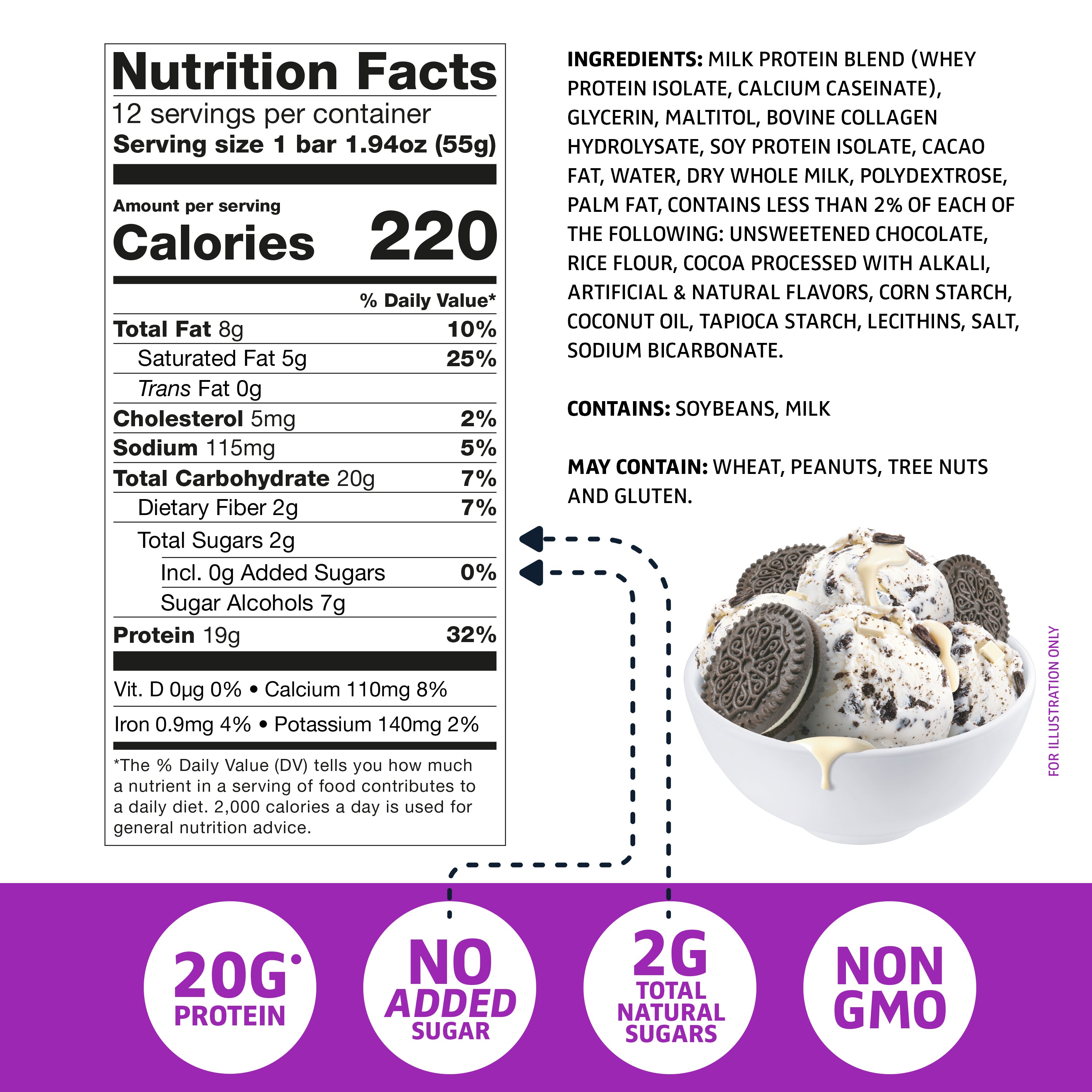 Crave Protein Bars – White Chocolate Cookies & Cream – 19g High Protein, No Added Sugar – Protein Snacks for Breakfast & Gym – Crispy Meal Replacement Bar – Non-GMO, 12 Pack