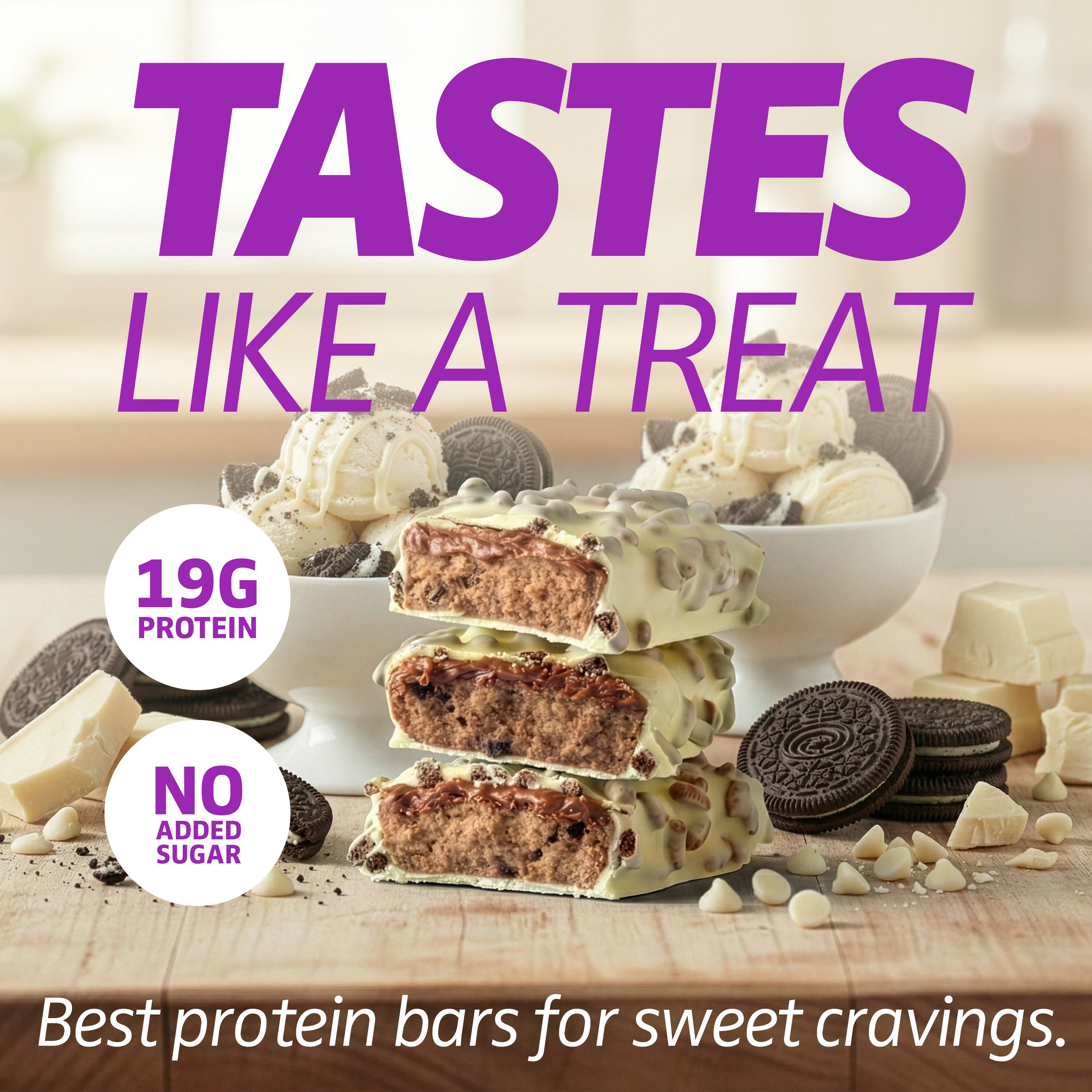 Crave Protein Bars – White Chocolate Cookies & Cream – 19g High Protein, No Added Sugar – Protein Snacks for Breakfast & Gym – Crispy Meal Replacement Bar – Non-GMO, 12 Pack