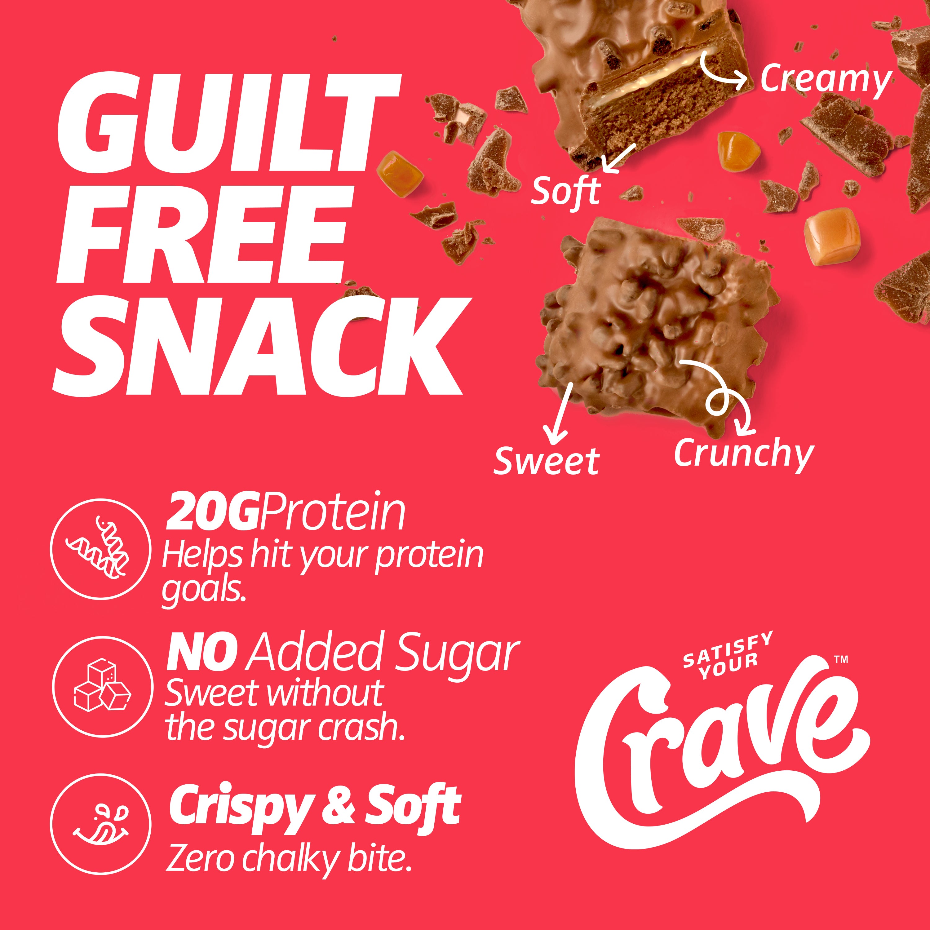 Crave Protein Bars – Chocolate Caramel Crisp – 20g High Protein, No Added Sugar – Healthy Protein Snacks for Work & Travel – Chewy Meal Replacement Bar – Non-GMO, 12 Pack
