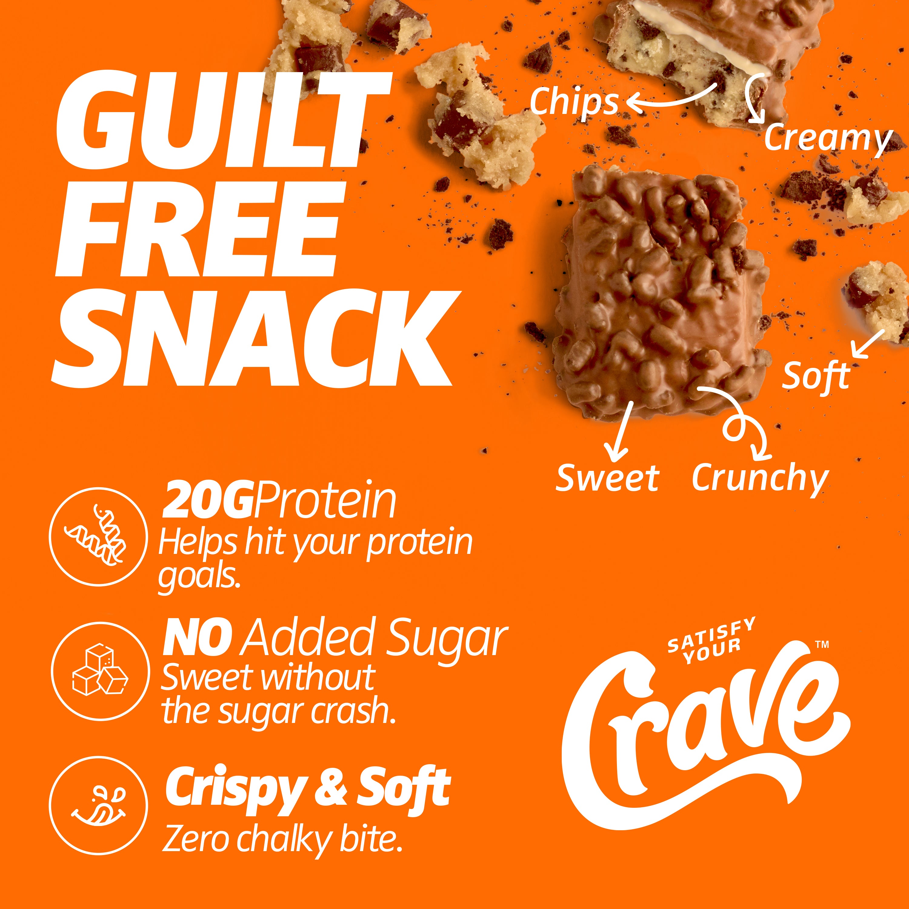 Crave Protein Bars – Chocolate Chip Cookie Dough – 20g High Protein, No Added Sugar – Protein Snacks for Breakfast & Office – Soft Meal Replacement Bar – Non-GMO, 12 Pack