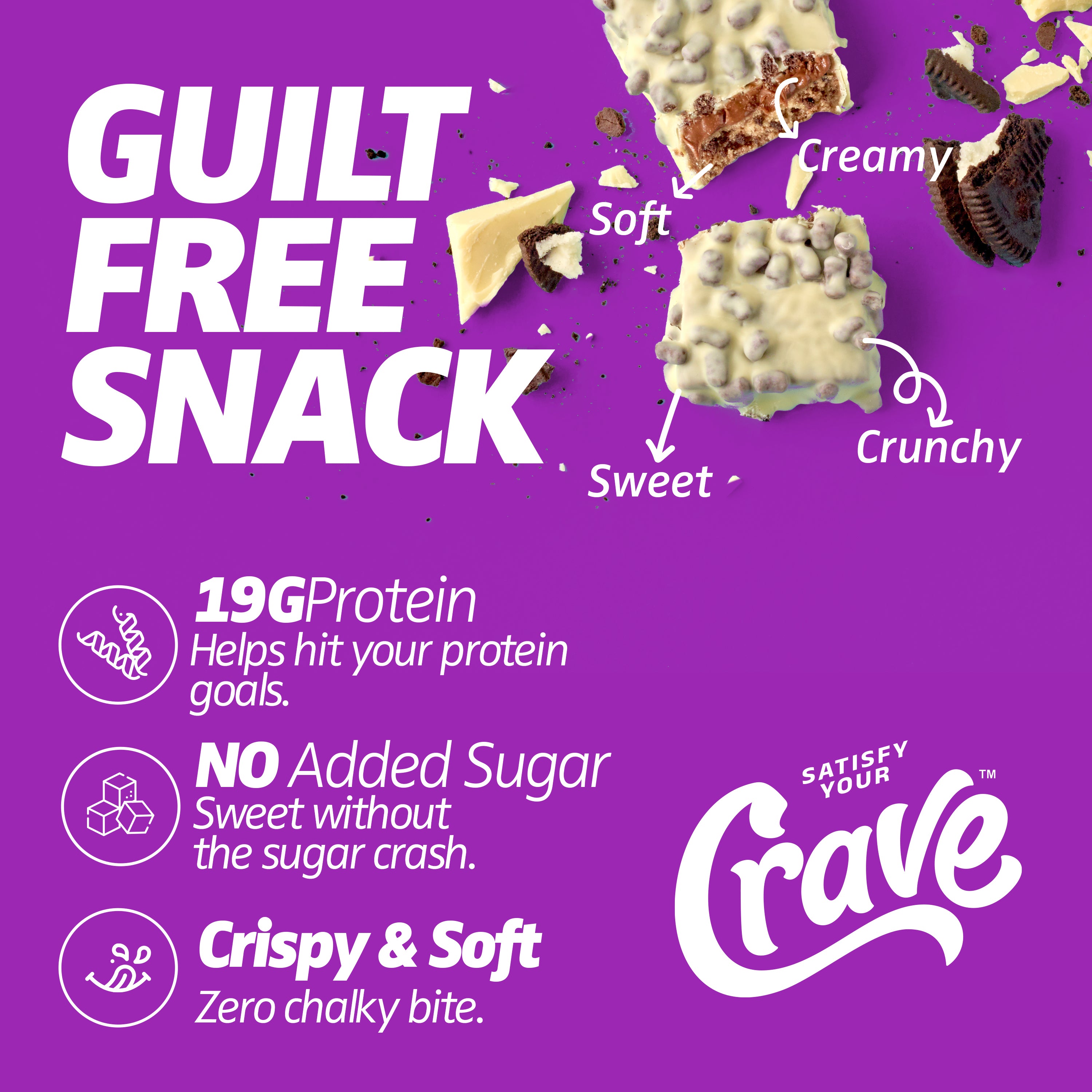 Crave Protein Bars – White Chocolate Cookies & Cream – 19g High Protein, No Added Sugar – Protein Snacks for Breakfast & Gym – Crispy Meal Replacement Bar – Non-GMO, 12 Pack